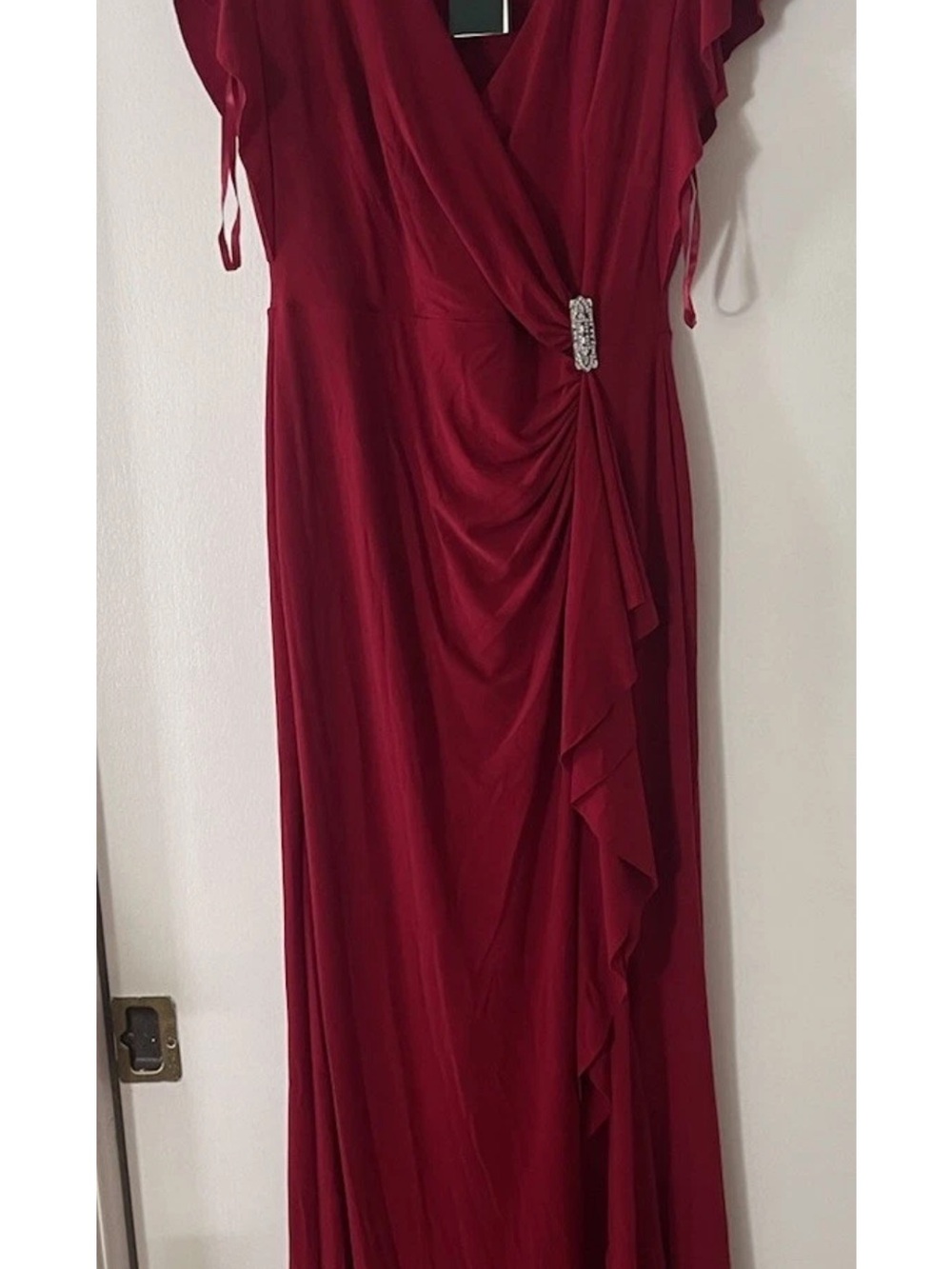 Ralph Lauren Elegant Red Draped Evening Gown with Rhinestone Detail